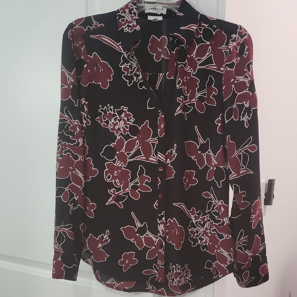 Express Floral Slim fit Blouse - Navy and Burgundy